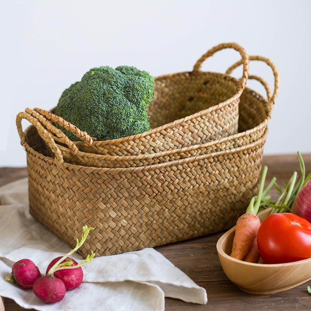Oval Stackable Seagrass Storage Baskets Set