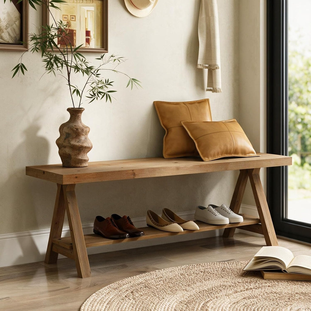 Wood Bench With Shoe Storage Shelf