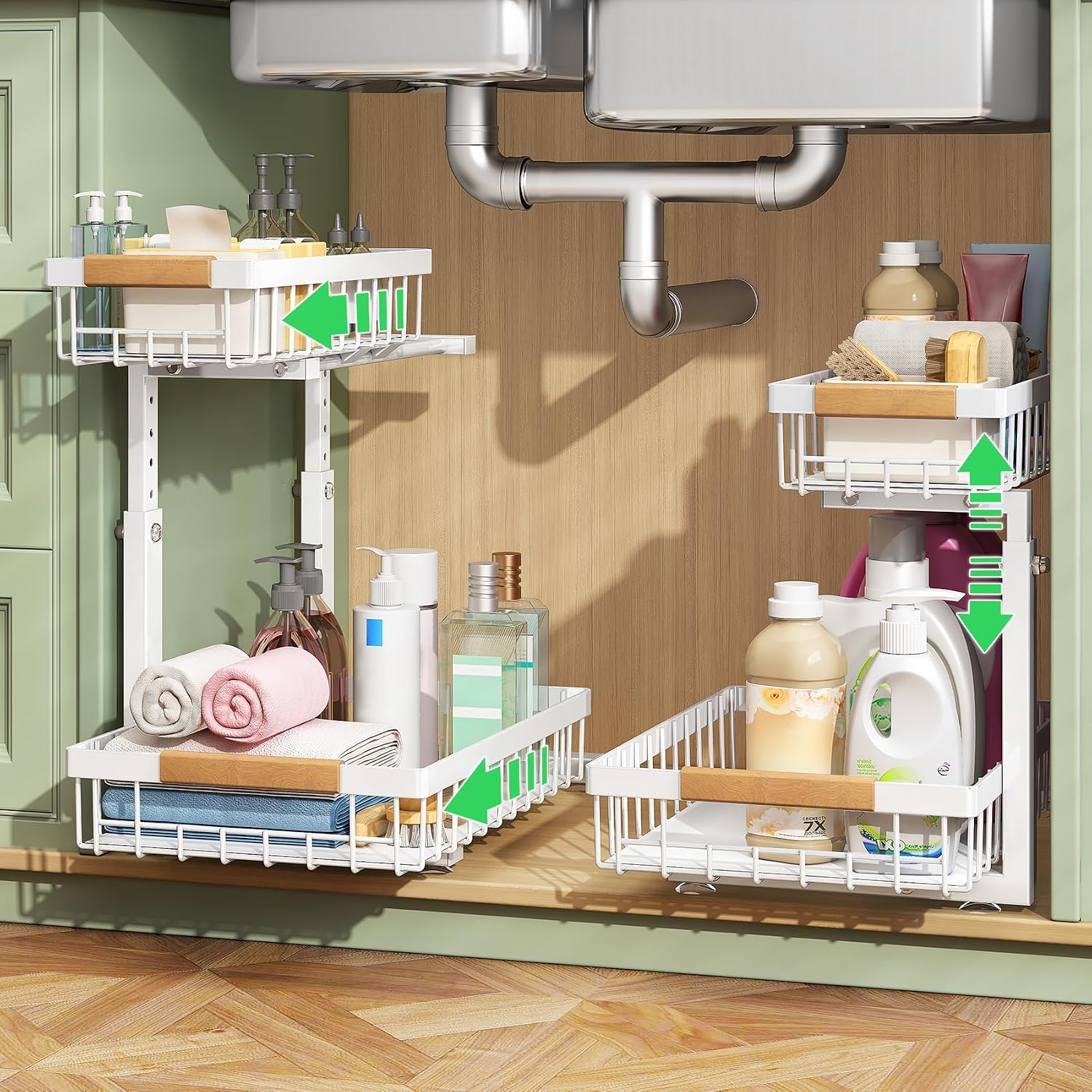 Two Pack 2-Tier Sliding Sink Organizer