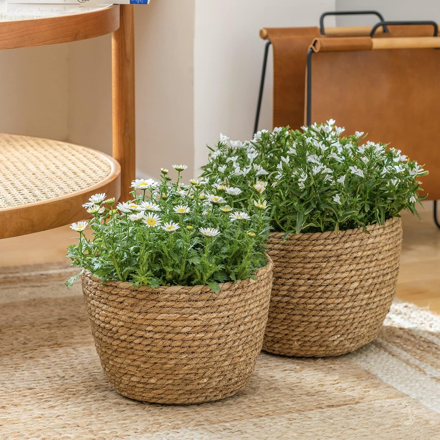 Three Handwoven Seagrass Plant Baskets
