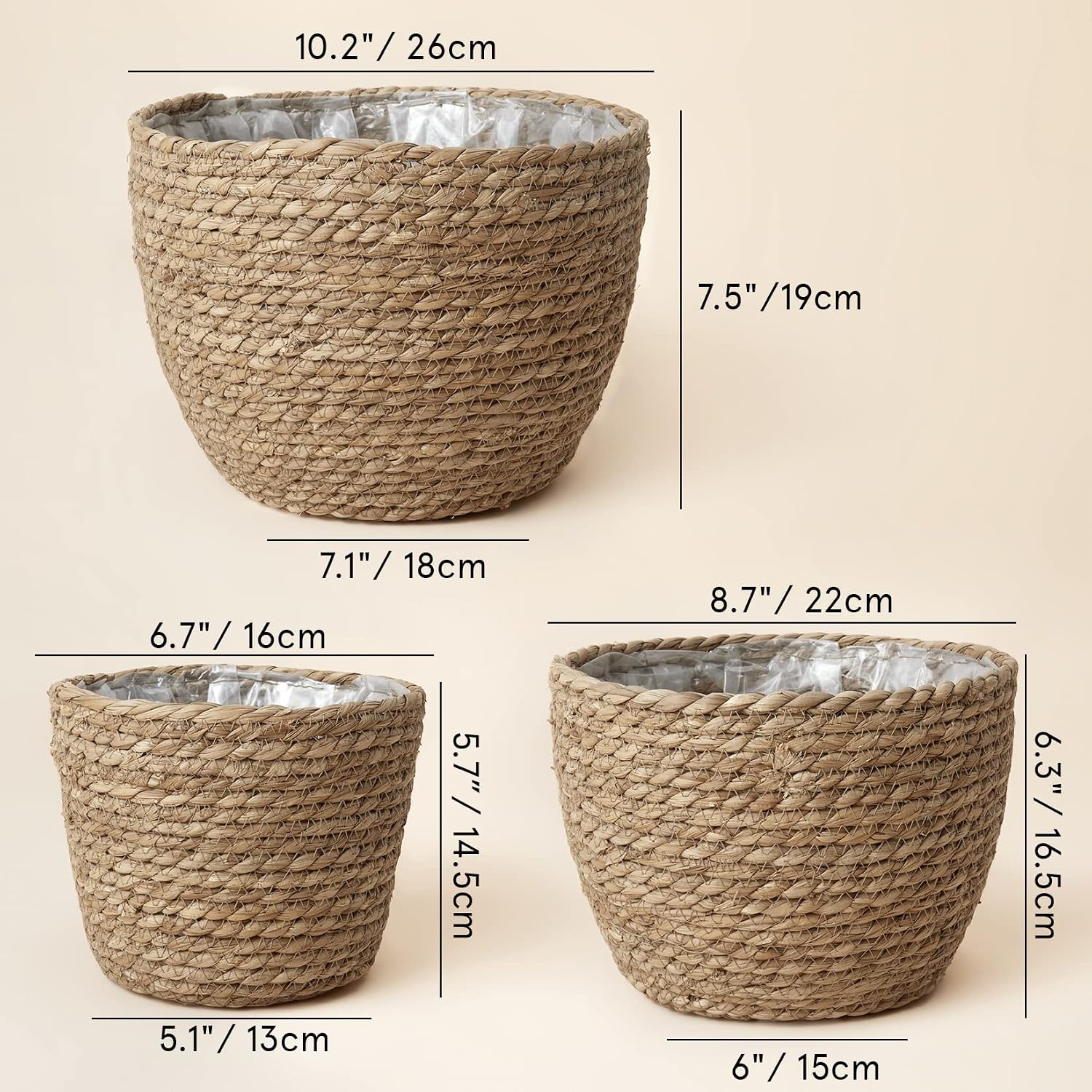 Three Handwoven Seagrass Plant Baskets
