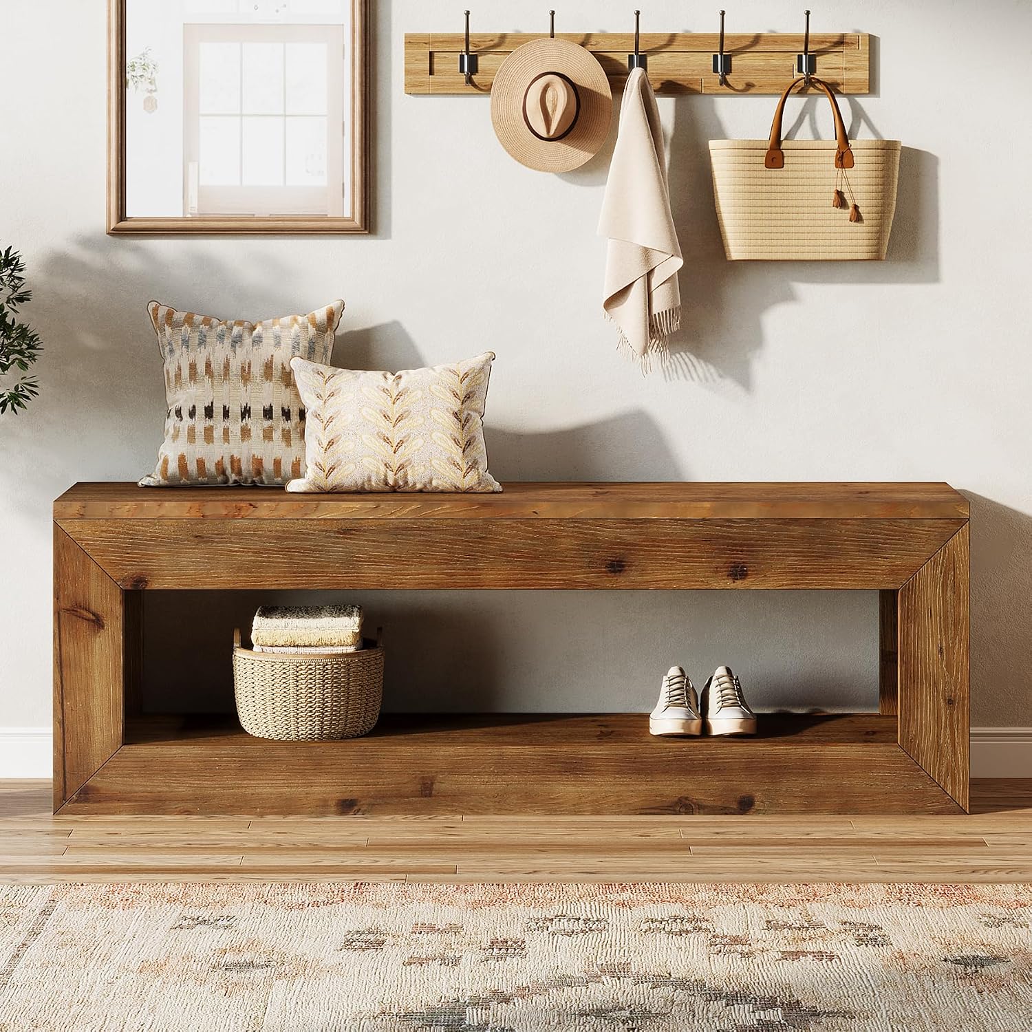 Rustic Wood Bench With Storage Shelf