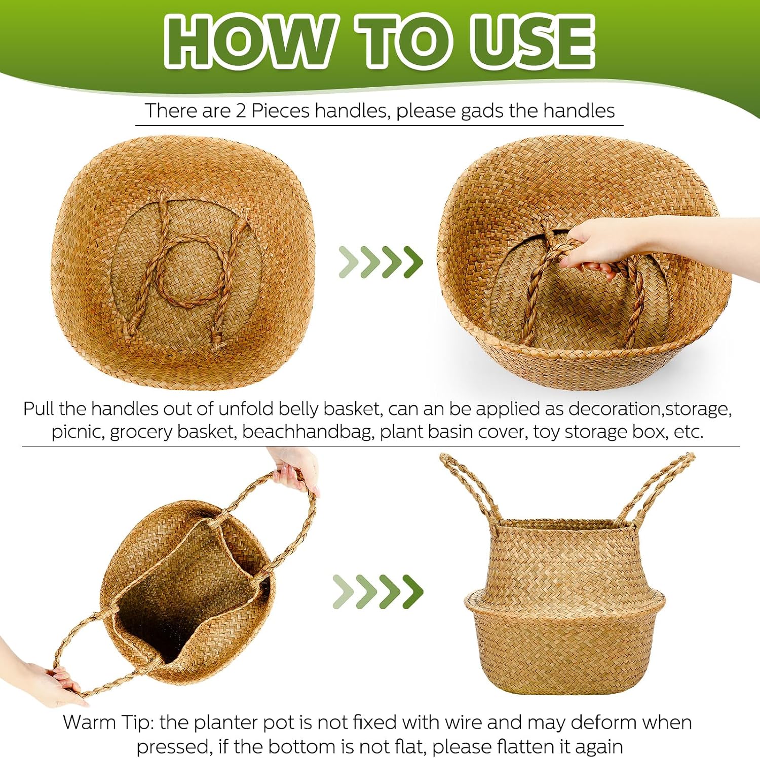 Round Folding Seagrass Plant Baskets 4 Pack