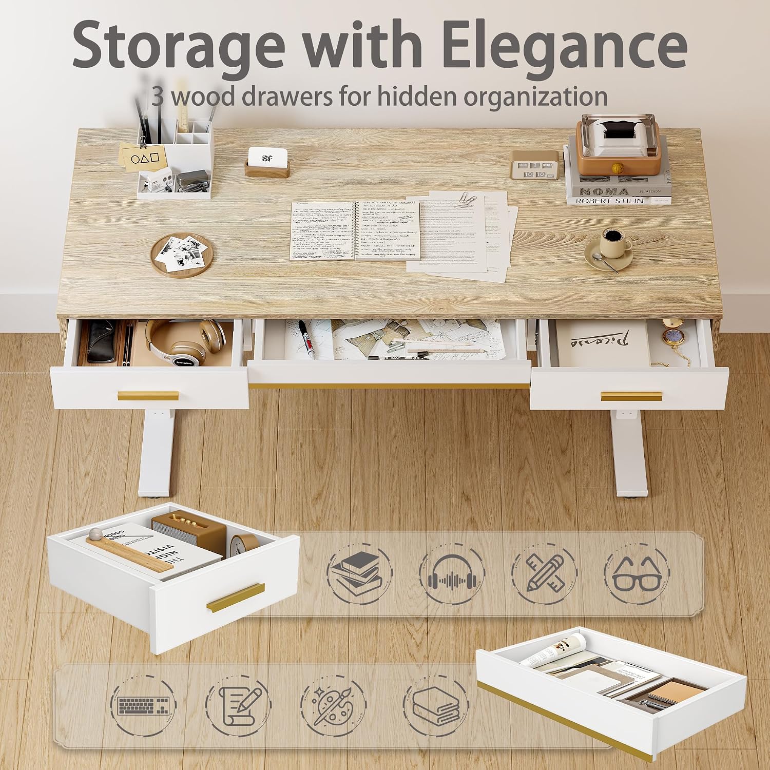 Electric Desk With Three Storage Drawers