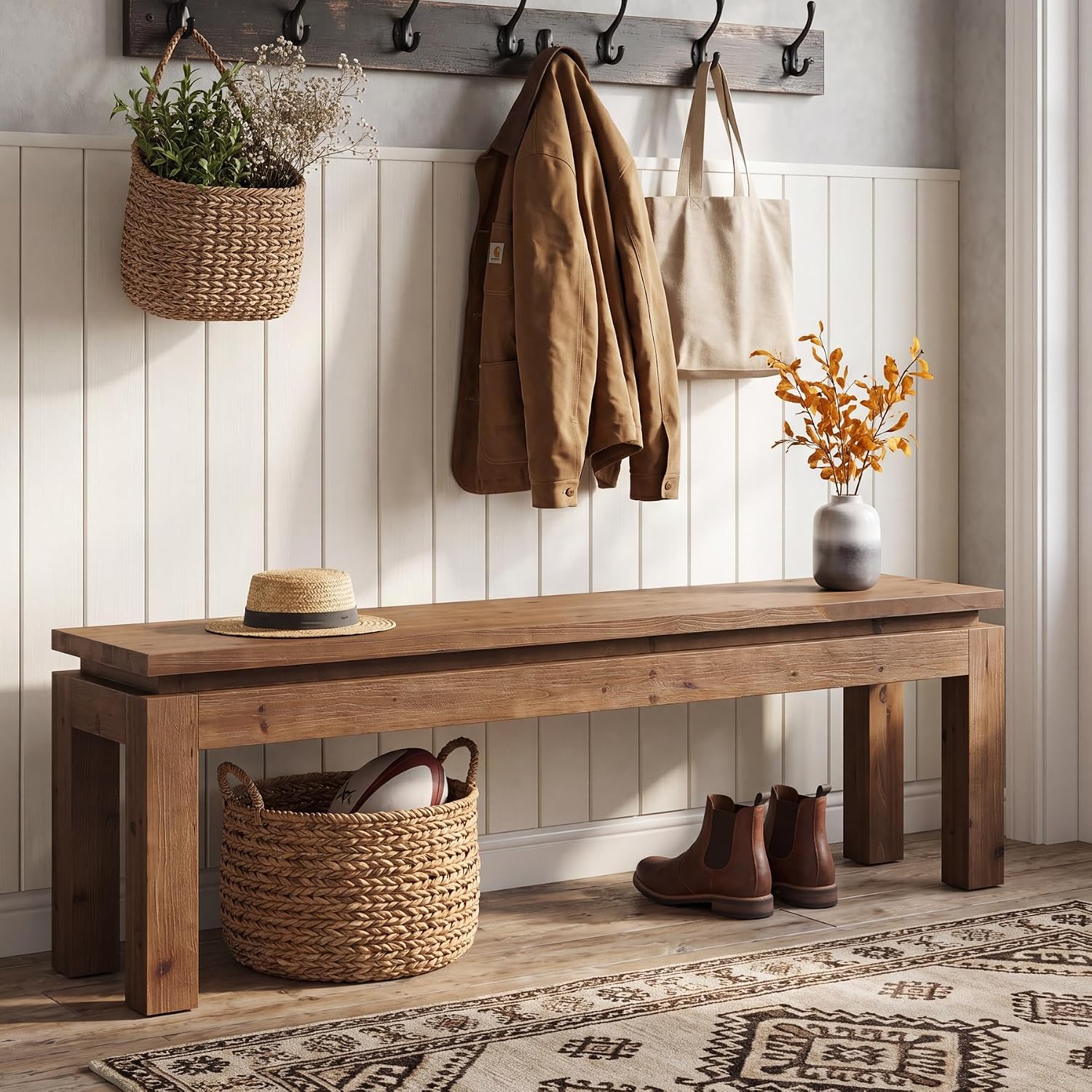Solid Wood Farmhouse Long Entry Bench