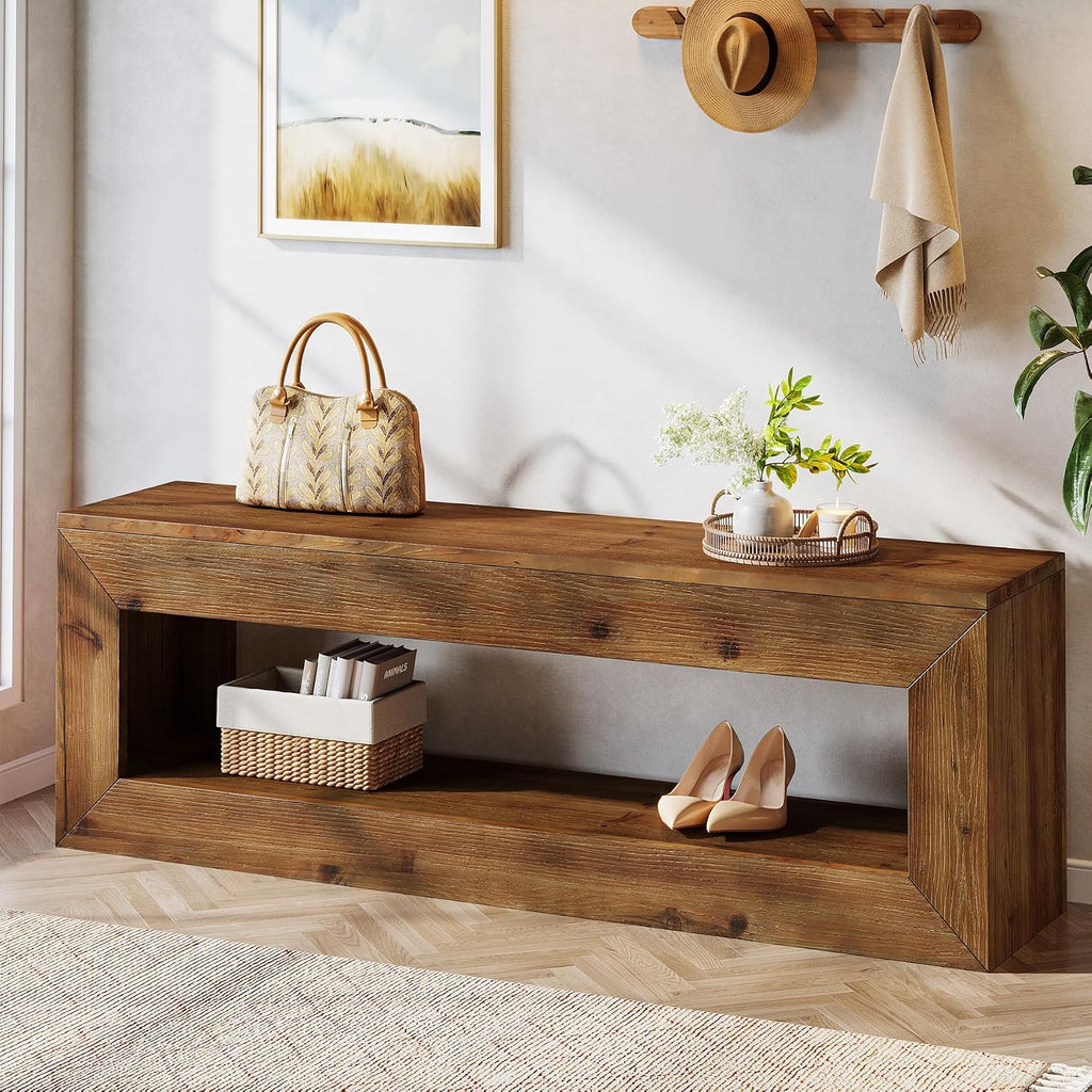 Rustic Wood Bench With Storage Shelf