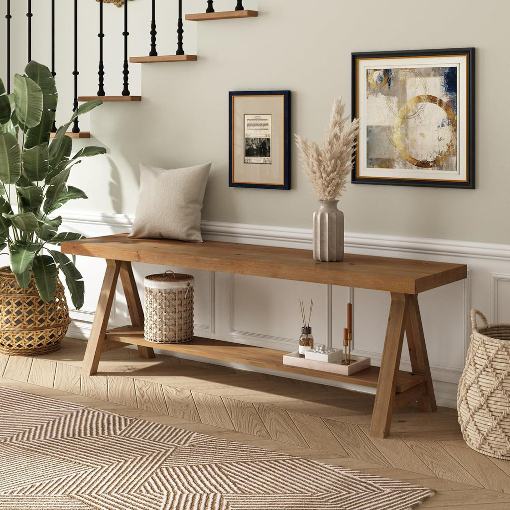 Wood Bench With Shoe Storage Shelf