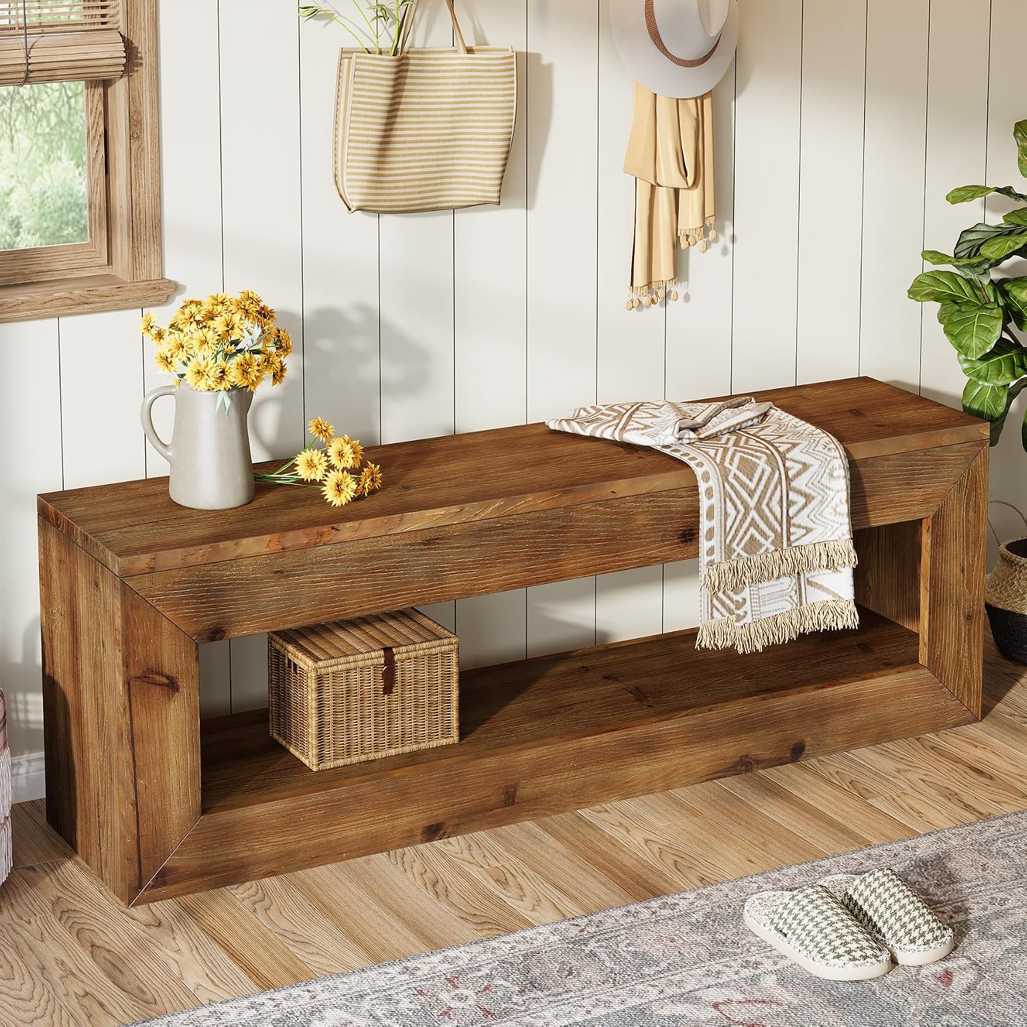 Rustic Wood Bench With Storage Shelf
