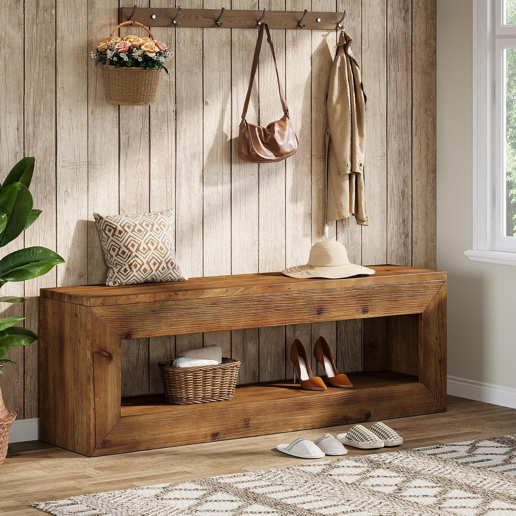 Rustic Wood Bench With Storage Shelf